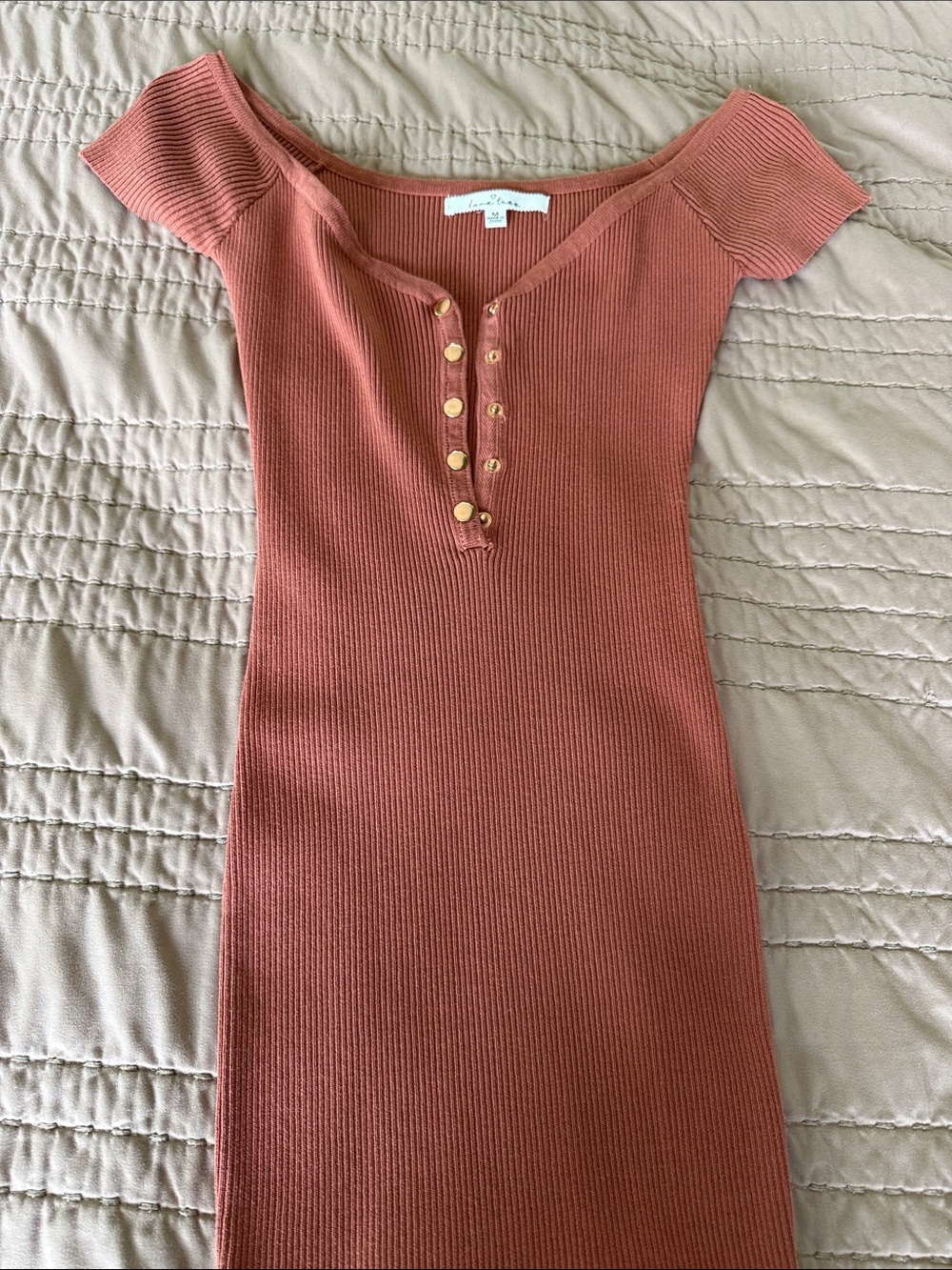 Love Tree Rust Ribbed Off-Shoulder Mini Dress with Gold Buttons